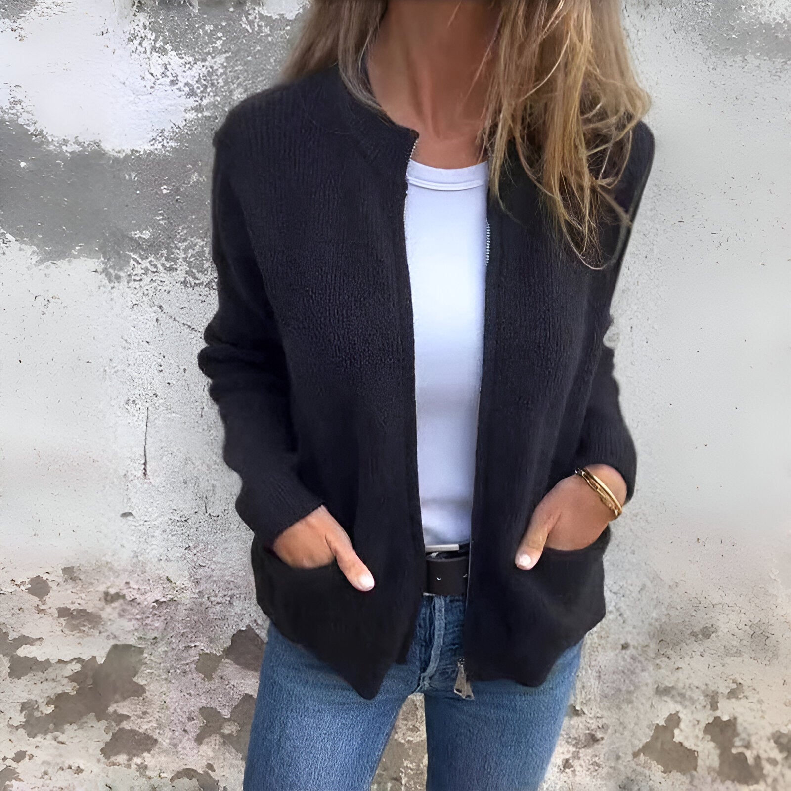 Elin™ - Stickad Cardigan med Dragkedja och Fickor