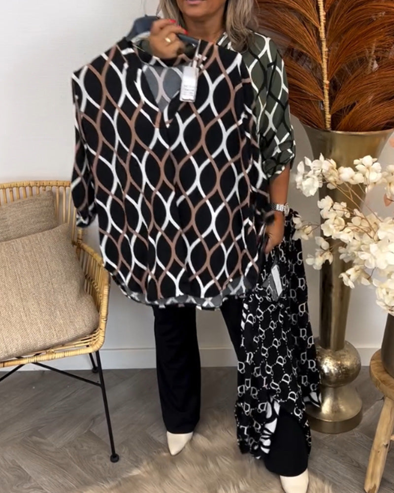 N&B Janny™ | Casual bluse med lange bukser og elegante patroner