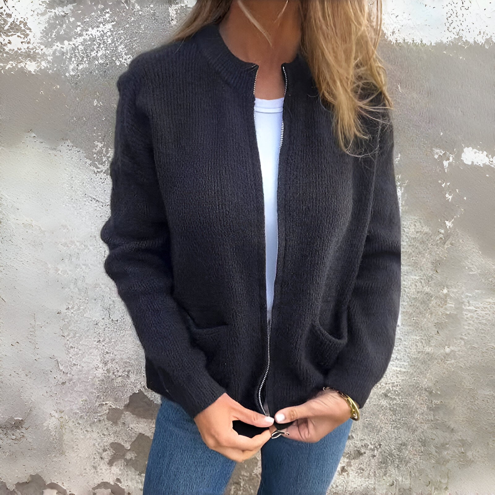 Elin™ - Stickad Cardigan med Dragkedja och Fickor